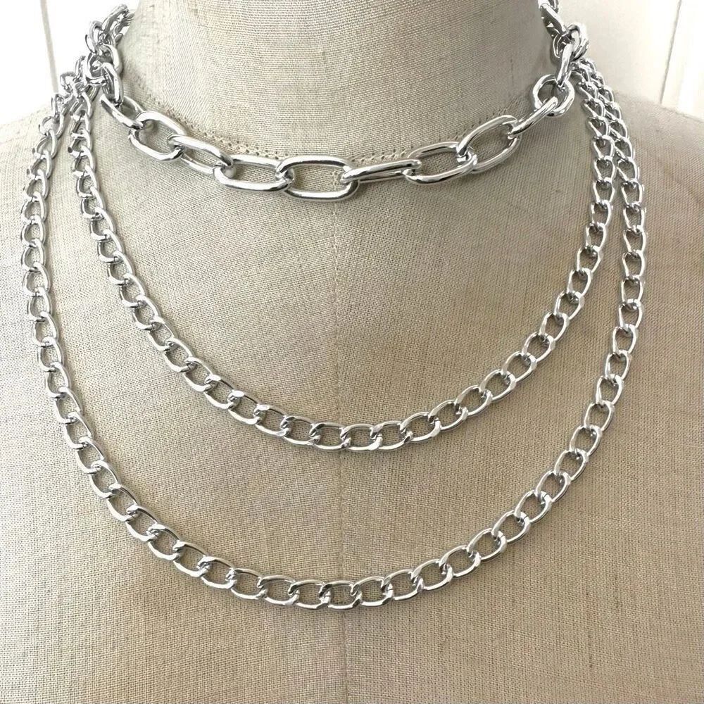 Triple-Layer Chunky Silver Chain Necklace